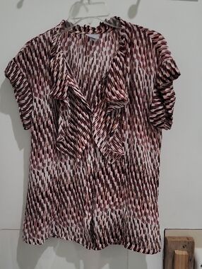 Worthington Pink and Black Patterned Ruffle V-Neck Blouse